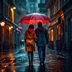 PHOTO OF A MAN AND WOMAN WALKING DOWN A CITY STREET IN THE RAIN